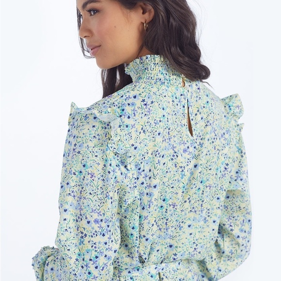 The All Dressed Up Mock Neck Dress Painted Floral in Slate & Powder Size M - Picture 13 of 16